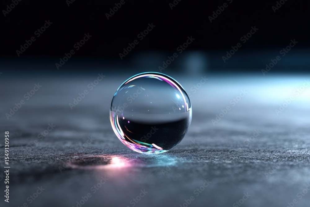 Poster close-up of a transparent glass sphere reflecting light and colors, resting on a textured surface wi
