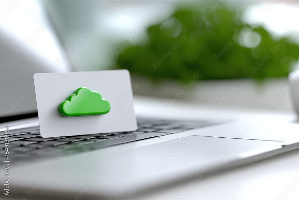 Poster Modern cloud technology symbol on a white business card placed on a sleek silver laptop keyboard in a bright office environment with blurred greenery background for digital innovation and data storage