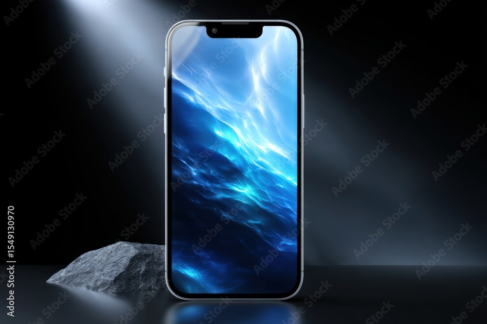 Poster Modern smartphone with sleek design and vibrant display showcasing energetic abstract blue light patterns, illuminated against dark background