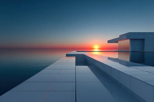 Modern architectural building with sleek white exterior and large terrace overlooking calm ocean at sunset, contemporary design with minimalistic style