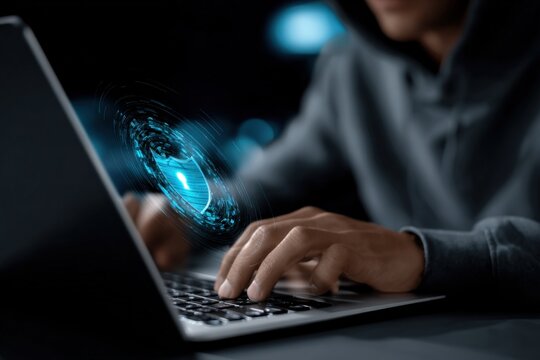 Advanced cybersecurity hacker working on computer with digital hologram of lock and cybersecurity icons in dark environment