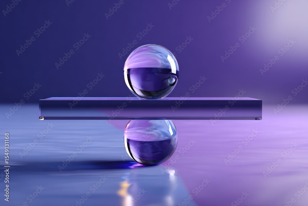 Poster Abstract minimalistic art featu a glass sphere balanced on a thin horizontal platform with a colorful gradient background and reflection