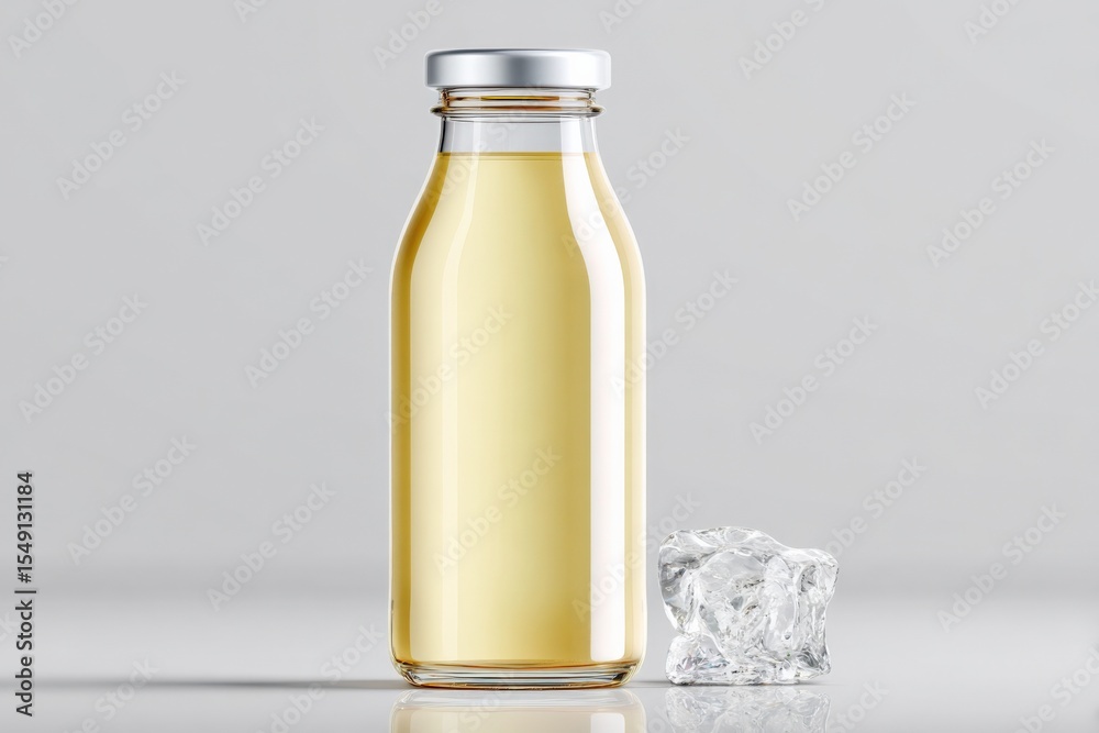 Poster clear glass bottle filled with pale yellow liquid isolated on a light grey background with an ice cu