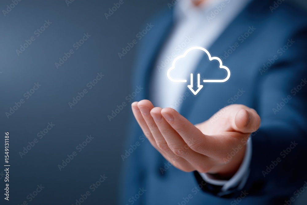 Poster businessman in formal suit holding hand out with digital cloud download icon representing cloud comp