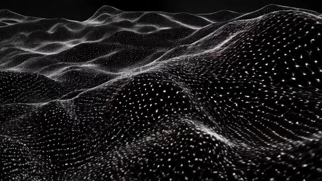 Abstract digital network connection with white lines and dots forming a wave pattern on a black background