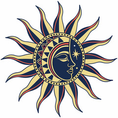 silhouette of the sun. A medieval symbol of the sun with many rays. Astrological symbol. Vector illustration in art deco style.