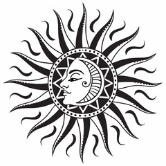 silhouette of the sun. A medieval symbol of the sun with many rays. Astrological symbol. Vector illustration in art deco style.