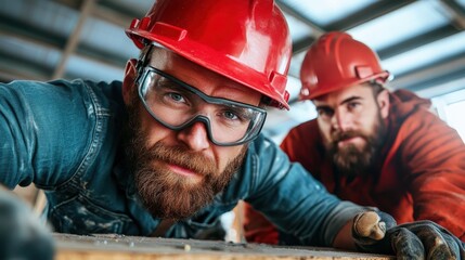 Two dedicated construction workers in hard hats focus intently on their carpentry tasks, showcasing teamwork and professionalism in the construction industry under bright lighting.
