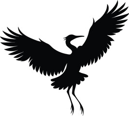 Obraz premium A dynamic black silhouette illustration of a heron or crane bird in flight with outstretched wings, perfect for nature, wildlife, or freedom themes.