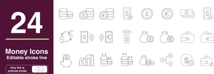Set of Money Related Vector Line Icons. Contains such Icons as Wallet, stack of coins, Bundle of Money, piggy bank with a Coin, money exchange and more. Editable Stroke