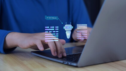 close-up of hands typing on a laptop with a virtual AI assistant, chatbot interface, and code overlay, representing artificial intelligence, automation, and smart digital support systems.