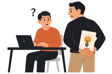 Stealing idea concept illustration. A man stealing idea of another man flat vector illustration