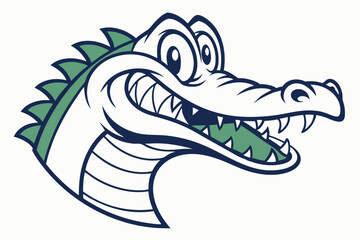 A cartoonish alligator head with green scales is smirking menacingly on a white background
