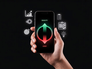 Business hand showing KPI indicator floating above mobile device with innovation metrics