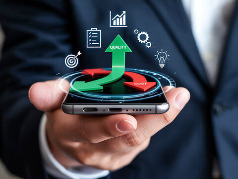 AI-powered smartphone with performance chart and growth arrows, indicating smart investment