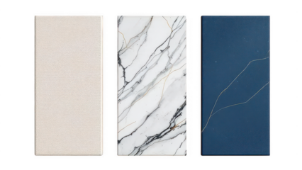 Elegant Tile Trio: Three unique tiles, each with distinct texture and pattern, showcase sophistication and elevate interior design options.