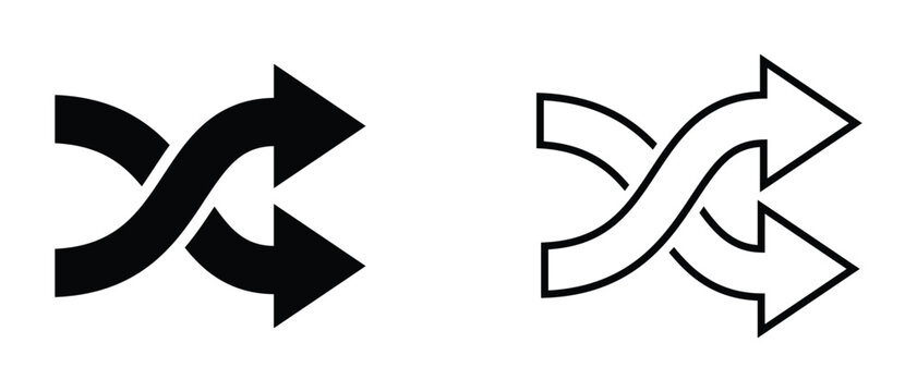 Shuffle icon, Crossed arrows icon. Black and white Shuffle Crossed vector icon. 2 way mixed arrows, app ui ux web button logo, vector illustration. 