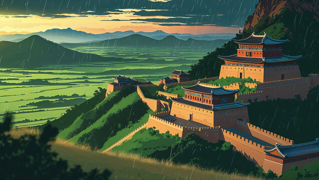 Artistic depiction of a historic chinese great wall scenery in the rain over rolling hills