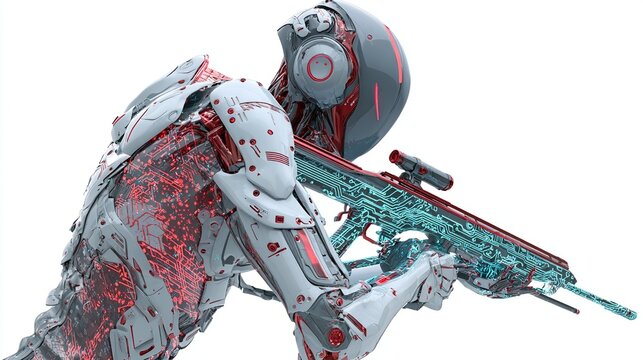 Armored figure, white with red accents, aiming a glowing blue gun on white