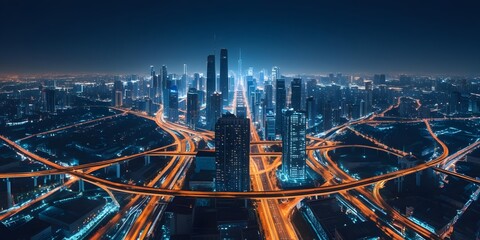 Panoramic night view from rooftop over city lights and highway interchanges