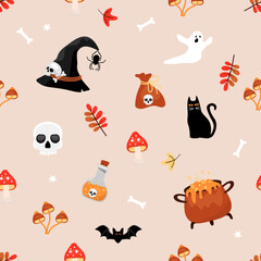 Halloween Illustration, Skull, Bones, Skeleton, Pumpkin, Witch, Cat, Spooky, Happy Halloween