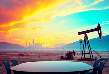 Fototapeta premium Business meeting cityscape desert oil pump backdrop, business, background