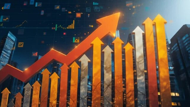 Successful growth companies. Booming economy and good business performance. Many arrows on background of many graphs and tall buildings. 4k video