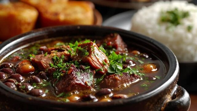 Close up of feijoada with rice and bread in background served in rustic bowl presentation style shot