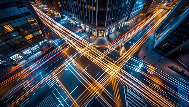 Top view of illuminated downtown intersection with light trails and skyscrapers at night