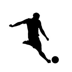 Soccer player kicking ball, isolated vector silhouette. Football clip art