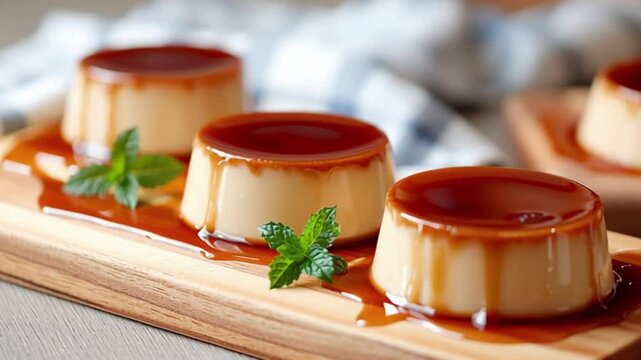 Caramel custard desserts on wooden boards with mint garnish and spoon in a close up studio shot