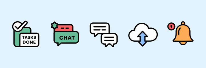 Flat vector icons of collaborative productivity app features – Suitable for task management, communication platforms, or app UI design
