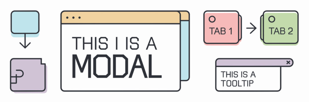 Flat vector icons of app UI elements including modal, tab, and tooltip