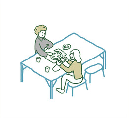 テーブルで食事をする人々　 手描きアイソメトリックイラスト