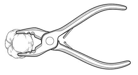 Line art of pliers holding a cotton boll, isolated on white background.