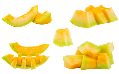High Quality PNG Picture of orange honeydew melon melon pieces isolated on white background.