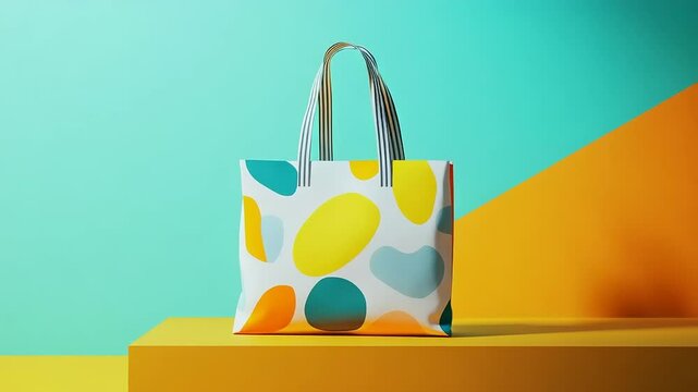 Colorful tote bag on a yellow surface with teal and orange backdrop