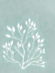 A minimalist illustration of a tree branch silhouette with white leaves on a soft teal textured background. The design conveys a calm and natural feel.