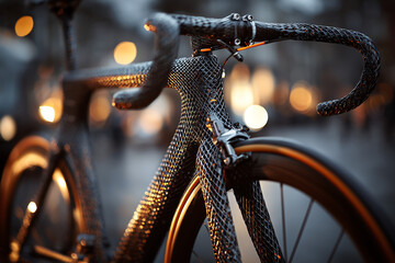 Close-up urban street shot of a red bicycle wheel, emphasizing the tire and metal spokes, perfect for themes of city cycling, sport, and travel