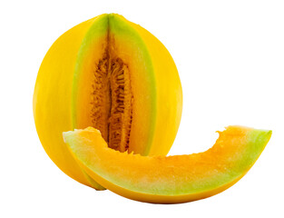 High Quality PNG Picture of yellow honeydew melon, cut slice, isolated on background