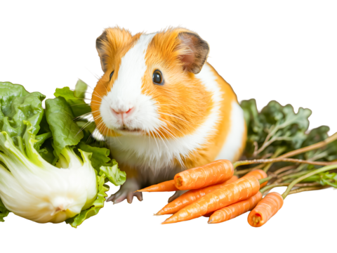 Isolated brown furry cavy and a Guinea pig with a carrot, a cute small domestic pet rodent mammal