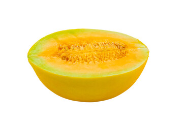 High Quality PNG Picture of half of yellow melon isolated on white background.
