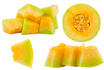 High Quality PNG Picture of orange honeydew melon melon slices on white background