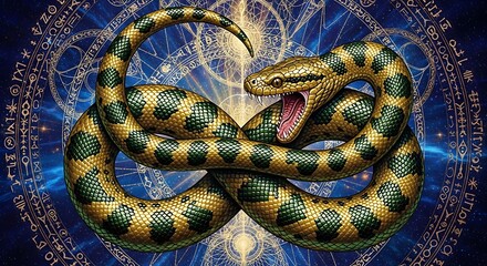 Mystical Snake Coiled with Open Mouth Against Celestial Background