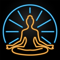 buddhism neon sign, modern glowing banner design, colorful modern design trend on black background. Vector illustration.