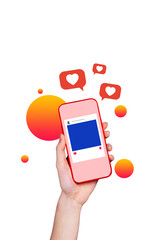 Composite sketch image design trend artwork collage of hand hold smartphone touchscreen like banner...