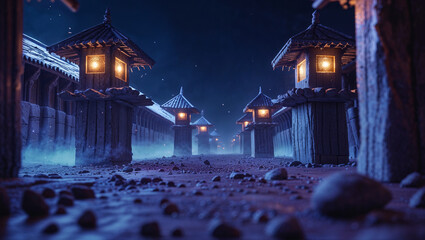 Obraz premium Illuminated pathway of traditional wooden lanterns and architectural structures under a moody night sky