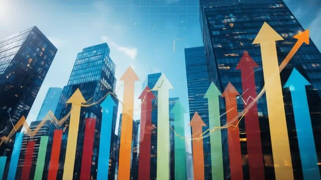 Successful growth companies. Booming economy and good business performance. Many arrows on background of many graphs and tall buildings. 4k video