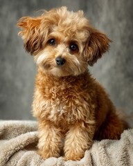 Adorable Brown Poodle Puppy Sitting on Beige Fabric