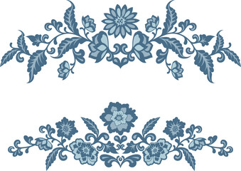 Vector floral blue ornaments in traditional Chinese Style. Exquisite romantic arabesque designs for page decorations, headers, wedding decors, invitations, greeting cards, embroidery, textile.	